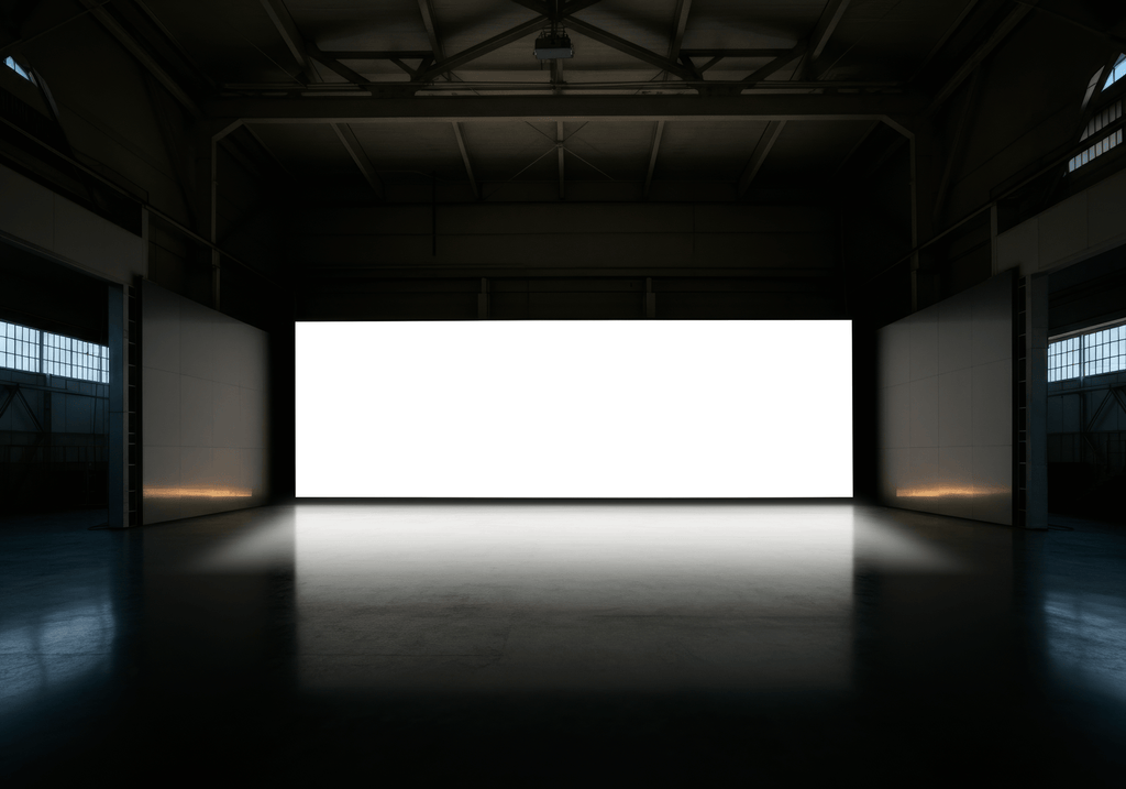 Wide format digital screen inside warehouse mockup. Editable PSD file.