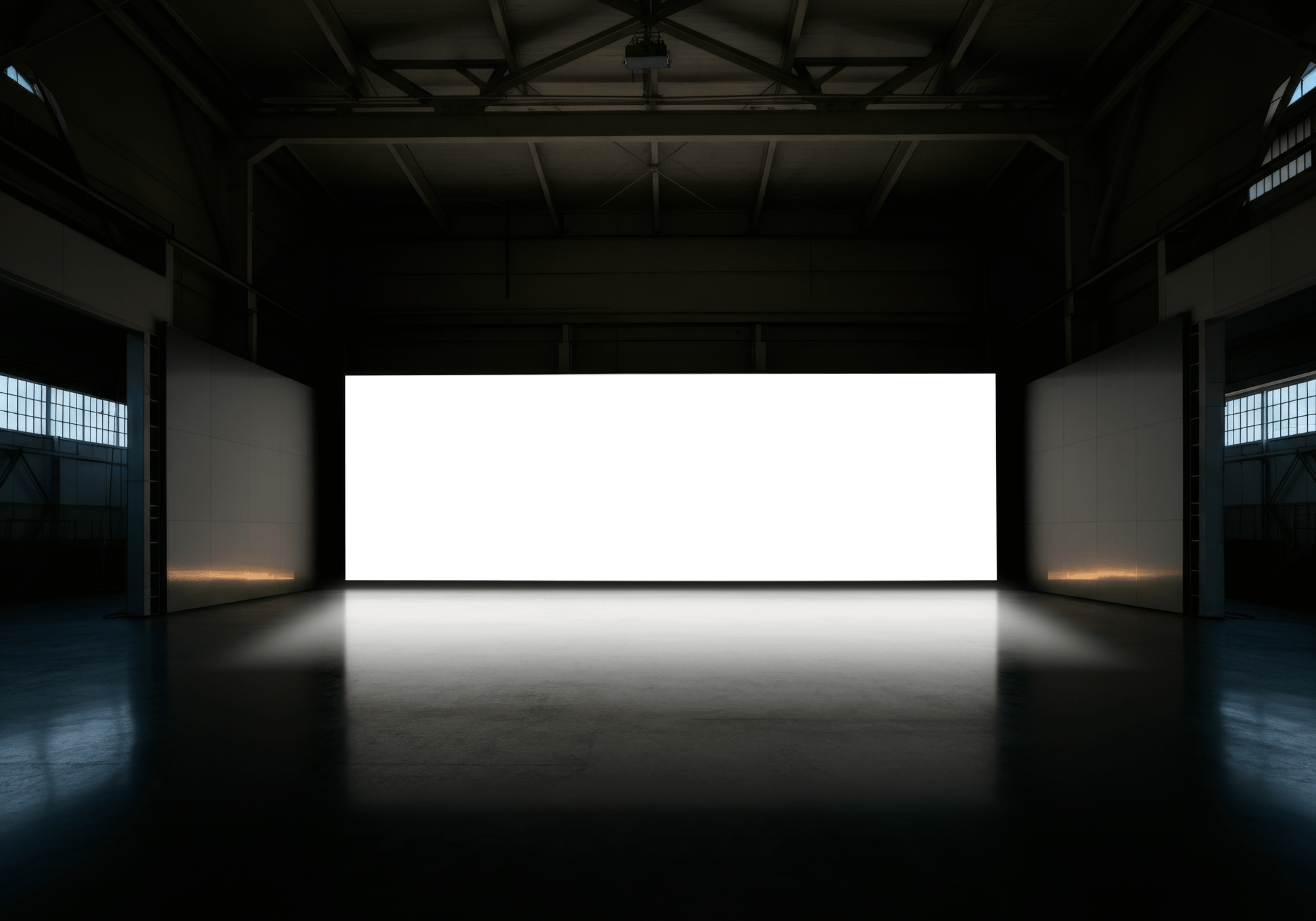 Wide format digital screen inside warehouse mockup. Editable PSD file.
