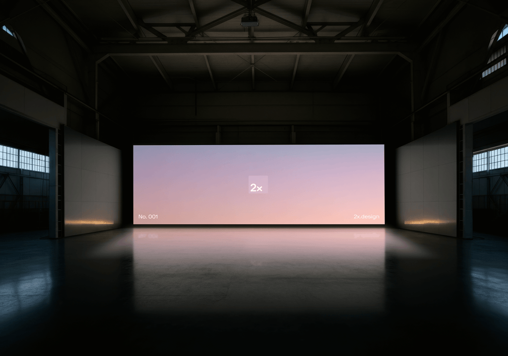Wide format digital screen inside warehouse mockup. Editable PSD file.