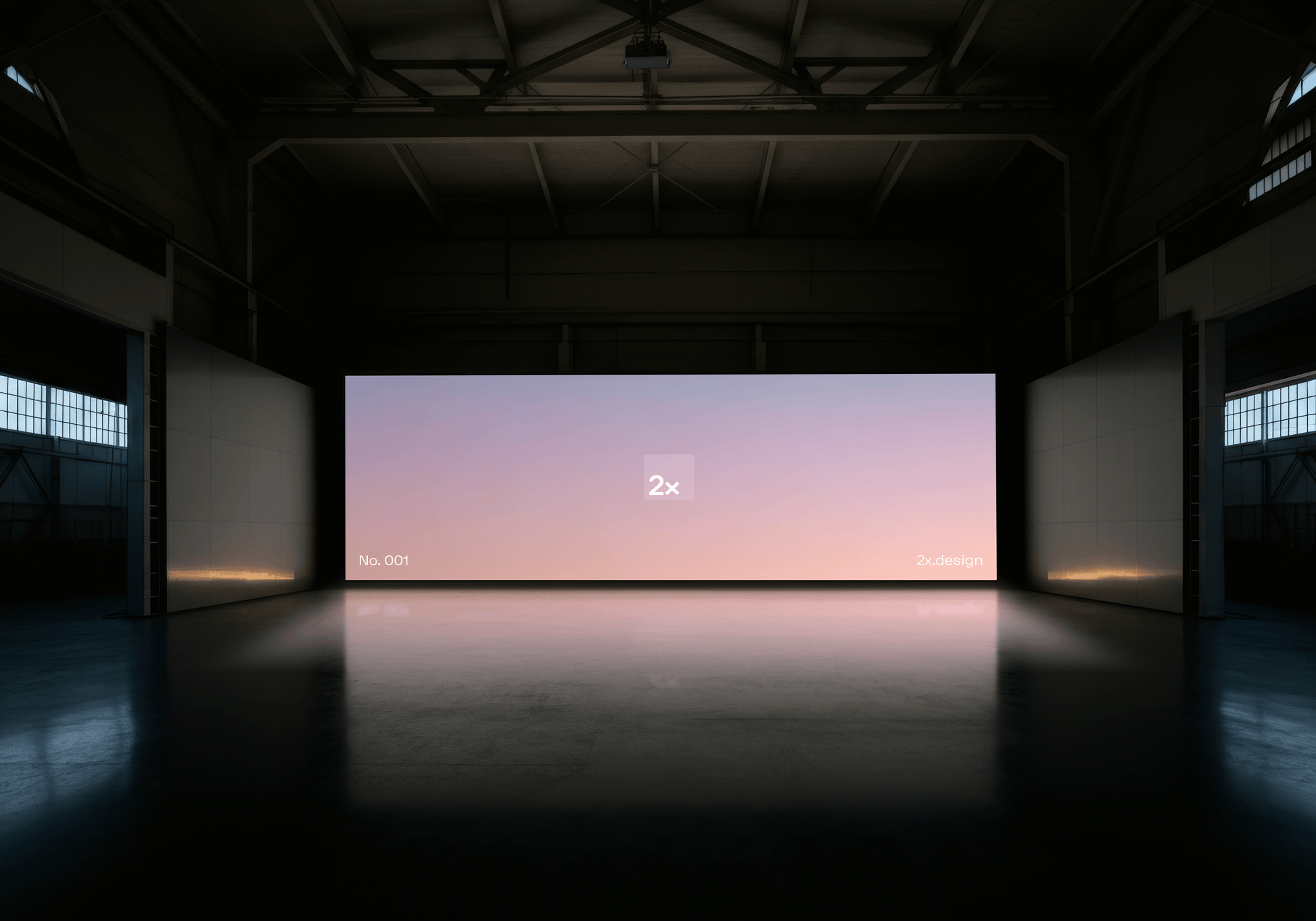 Wide format digital screen inside warehouse mockup. Editable PSD file.