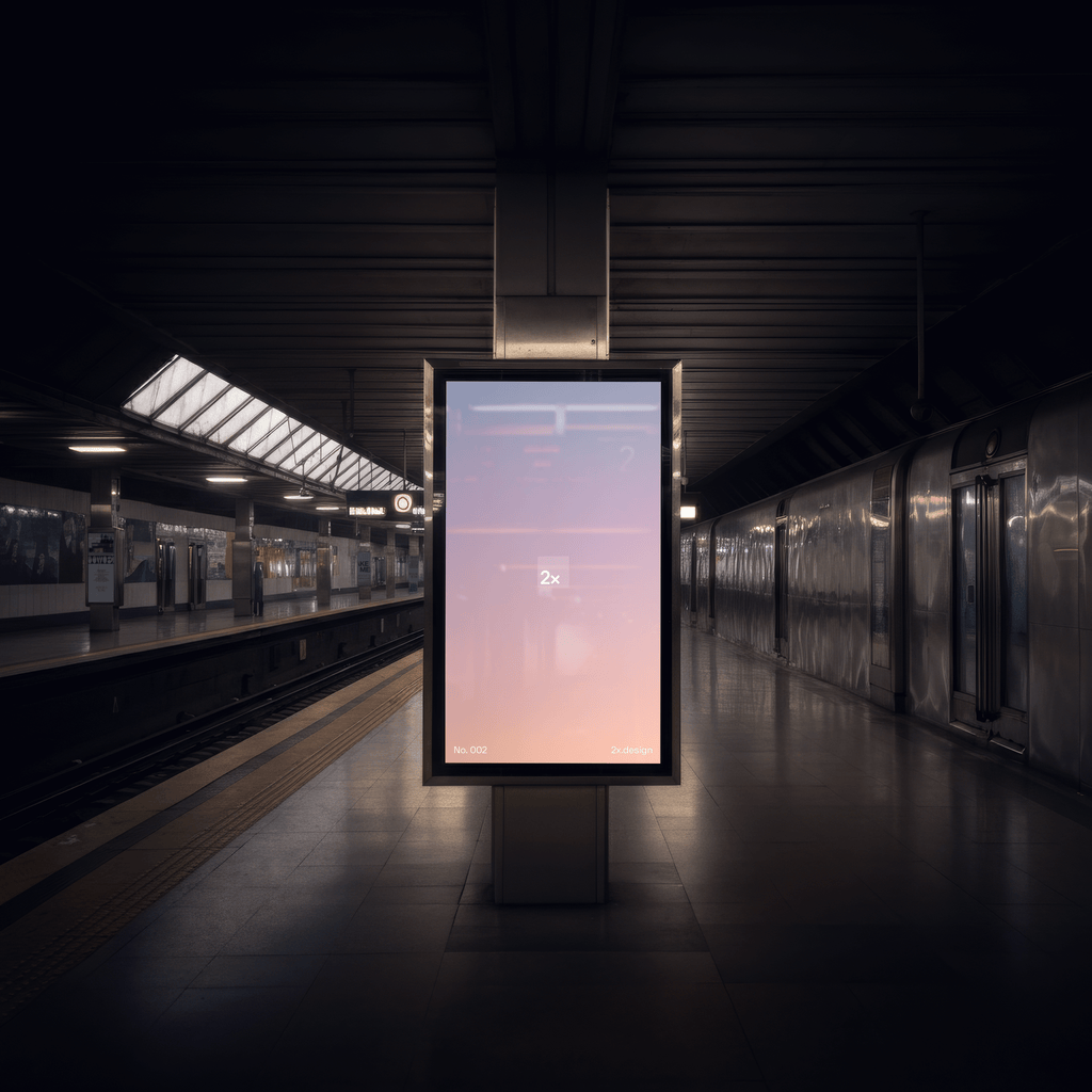 Vertical digital screen mockup within a train station. Editable PSD file.
