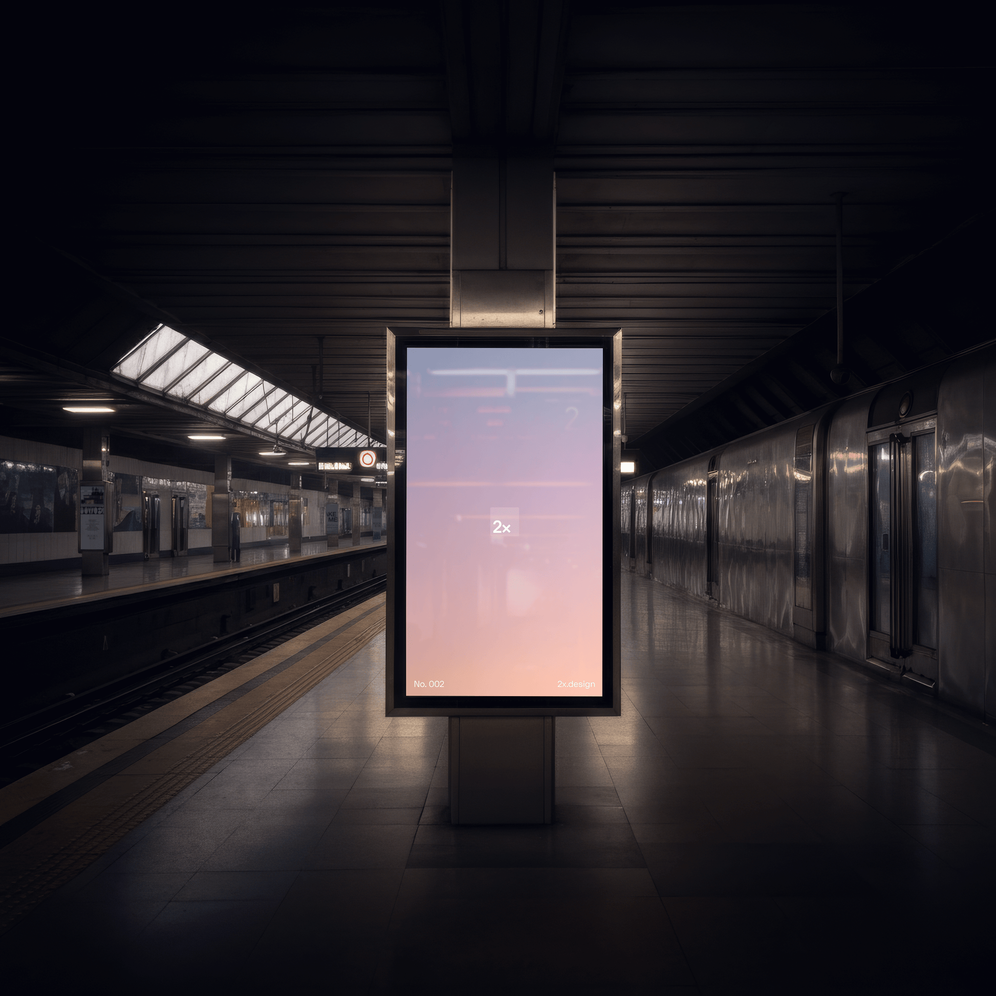 Vertical digital screen mockup within a train station. Editable PSD file.