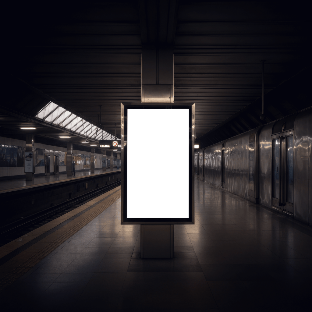 Vertical digital screen mockup within a train station. Editable PSD file.