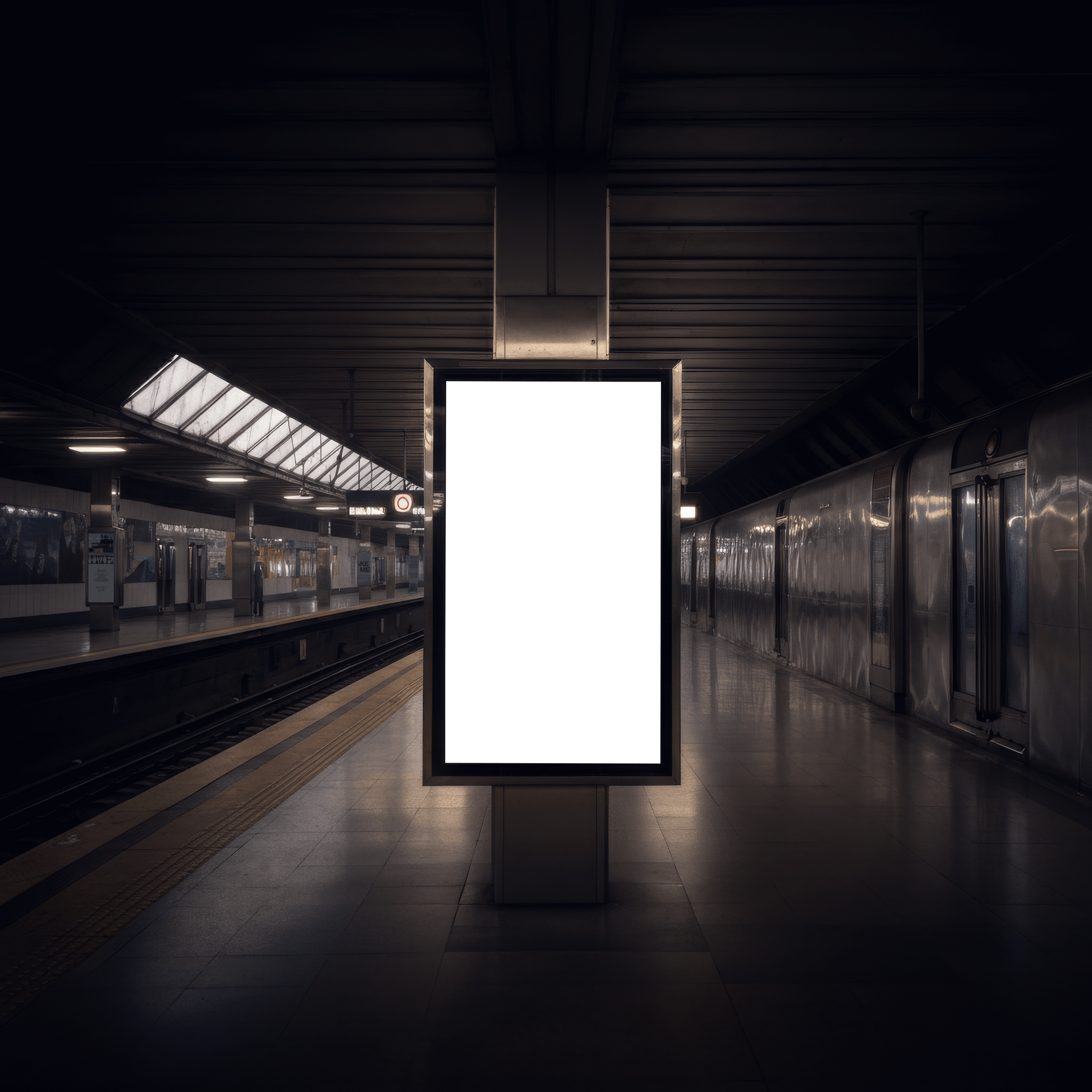 Vertical digital screen mockup within a train station. Editable PSD file.